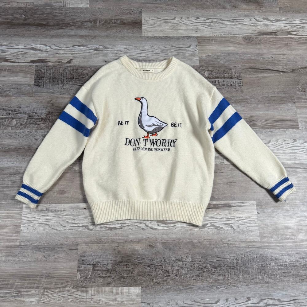 Aelfric Eden Goose Graphic Cream Knit Sweater Blue Stripe Indie Mediun